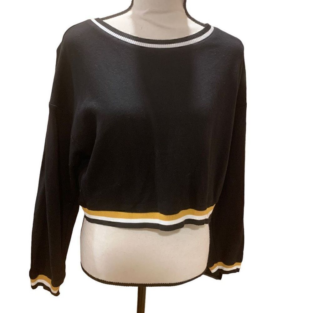 Storia Sweater Slightly Cropped Boat Neck Striped Trim‎ Black White Yellow S NWT